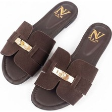 Ne&Ve Shoes Kahve Süet Kilit Aksesuar Detaylı Kadın Günlük Rahat Terlik