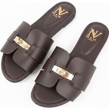 Ne&Ve Shoes Kahve Deri Kilit Aksesuar Detaylı Kadın Günlük Rahat Terlik