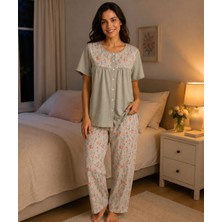 NENA-24874-BAYAN Önden Açık Kısa Kollu Robalı % 100 Pamuk Pijama Takımı