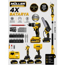 Pro Müller Alman Profesyonel 5'li Set Darbeli Matkap Şarjlı Makas-Testere -Teleskop ve Yaprak Üfleme 100 Pcs Set