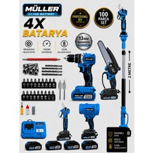 Pro Müller Alman Profesyonel 5'li Set Darbeli Matkap Şarjlı Makas-Testere -Teleskop ve Yaprak Üfleme 100 Pcs Set