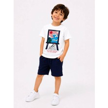 Cg Kids Baskılı T-Shirt ve Lacivert Müslin Şort Erkek Çocuk Alt Üst Takım