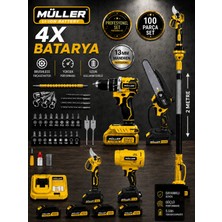 Pro Müller Alman Profesyonel 5'li Set Darbeli Matkap Şarjlı Makas-Testere -Teleskop ve Yaprak Üfleme 100 Pcs Set