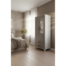 Msy Home Mona Beyaz-Sonomo Minimal Tasarım Aynalı 2 Kapaklı 2 Çekmeceli Gardırop Elbise Dolabı 175X68X41 cm