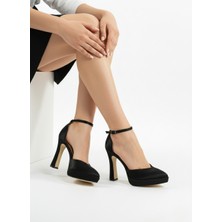 Sanbara Siyah Saten Bilek Bağlamalı Platform Kalın Topuk Stiletto Abiye Ayakkabı 11.5cm