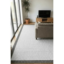 Hoom Rugs Lora 3203 Antrasit Çerçeveli Çizgili Pamuk Taban Hav Toz Vermez Sisal Halı