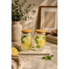 Yzhome 2 Li Cam Bambu Kapaklı Meşrubat Kahve Kokteyl Bardağı Bardak Kupa 550ML Pipetli