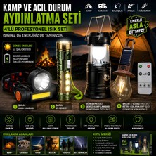 Als Profesyonel 4'lü Şarjlı  set Kamp Aydınlatma Seti Şarjlı El Feneri Kafa Lambası Güneş Enerjili Kamp Lambası Retro Kamp Işığı Powerbank Özellikli