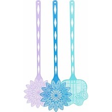 Larskas Plastik Sinek Raketi 3'lü Set, Mor, Mavi ve Turkuaz, Çiçek Desenli, Ergonomik Uzun Saplı, 45 cm