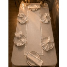 Desicap Silver Elegance Collection Lüks Beyaz Pamuk Keten Runner 38X138 ve 6’lı Peçete Seti 36X36 Özel Gün Davet