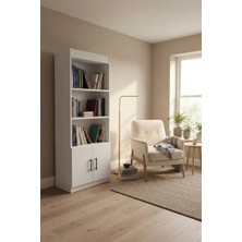Msy Home Mira Beyaz Kapaklı Kitaplık ve Depolama Dolabı 177X60X30 cm Çok Amaçlı Raflı Kitaplık Alt Kapaklı Kitaplık