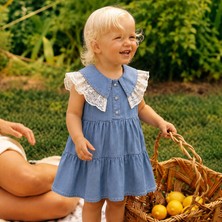 Babyilay Kız Bebek Kot Elbise Dantel Yakalı Fırfırlı Jean Salopet Elbise