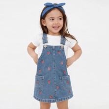 Babyilay Kız Çocuk Çilek Nakışlı Kot Jile Elbise Denim Salopet