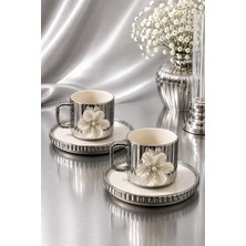 Yzhome 2 Li Porselen Platin Kaplama Lüks Lotus Kahve Fincan Takımı Seti Çizgili Model 100ML