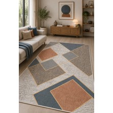Norella Home Modern Geometrik Desenli Kaymaz Taban Yıkanabilir Salon Mutfak Koridor Halısı Bej Mavi Dekoratif Halı