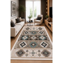 Norella Home Etnik Bohem Desenli Kaymaz Taban Yıkanabilir Salon Mutfak Koridor Halısı Krem Mavi Dekoratif Halı