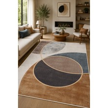 Norella Home Modern Soyut Geometrik Desenli Kaymaz Taban Yıkanabilir Salon Mutfak Koridor Halısı Bej Gri Dekoratif Halı