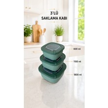 Sariva Home 3'lü Çok Amaçlı Saklama Kabı Seti 600 ml 1100 ml 1800 ml Mikrodalga Uyumlu Kapaklı Gıda Saklama Kabı Yeşil