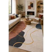 Norella Home Modern Soyut Desenli Kaymaz Taban Yıkanabilir Salon Mutfak Koridor Halısı Bej Antrasit Dekoratif Halı