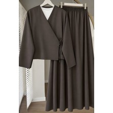 İmaj Butik Acı Kahve Yandan Bağlamalı Dabıl Kimono Etekli Takım