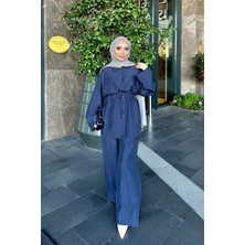 İmaj Butik Lacivert Bel Bağlamalı Gömlek Pantolonlu Takım