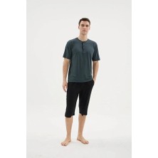 Kly Pijama Kly 26350 Erkek Bambu Yarım Düğmeli Yarım Kollu Büyük Beden Kapri Takım