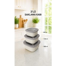 Sariva Home Sarivahome 3' Lü Çok Amaçlı Kare Gıda Saklama ve Muhafaza Kabı Seti 600 ml 1100 ml 1800 ml Kapaklı Mikrodalga Uyumlu Krem