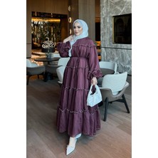 İmaj Butik Mürdüm Balon Kol Bel Bağlamalı Elbise