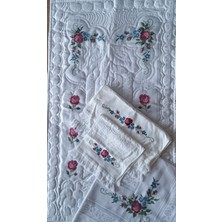 Sarra Home El Işlemesi Çeyizlik Kanaviçe Seccade Takımı - Beyaz- Gül Motifli 4'lü Set