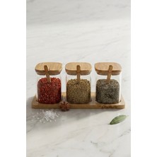 Cooker 3'lü Borosilikat Cam Bambu Standlı Baharatlık Seti CKR4567