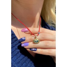 Spossy Silver Jewelry 925 Ayar Gümüş, Gold, Oval Nazar Cam Göz Kırmızı İpli Kolye, SPK1113