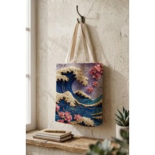 Bagg Kanagawa Dalga ve Sakura Desenli Kanvas Bez Çanta