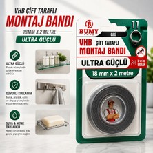 Bumy Vhb Ultra Güçlü 18 mm x 2 METRE Çift Taraflı Montaj Bandı Gri Bantları Araç Ayna Plastik Metal Bantı Bantları
