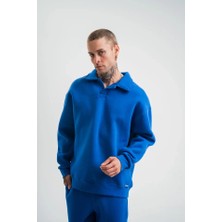 Deluxe Takı ve Giyim Erkek Patlı Yaka Üç Iplik Pamuklu Sweatshirt Double Oversize Rahat Kalıp Günlük Kullanım - Mavi