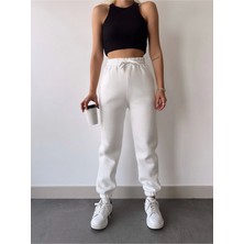 Deluxe Takı ve Giyim Üç Iplik Basic Lastikli Eşofman Pantolon - Beyaz