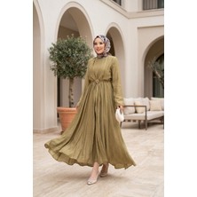 Md Gold Broşlu Kendinden Bolerolu Elbise Yeşil Olive