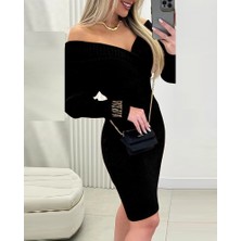Deluxe Takı ve Giyim Kadın Uzun Kollu Omuzlardan Açık Kruvaze Yaka Kısa Triko Elbise