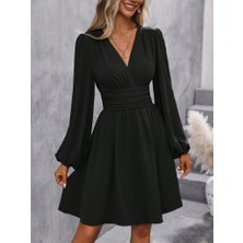 Deluxe Takı ve Giyim Kadın Uzun Kollu Kruvaze Yakalı Bel Korsajlı Mini Elbise