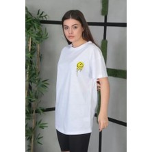 Deluxe Takı ve Giyim Unisex Bisiklet Yaka Baskılı Oversize T-Shirt - Beyaz