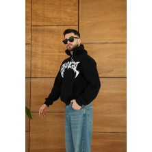 Deluxe Takı ve Giyim Erkek Kapüşonlu Sweatshirt  Hoodie 3 Iplik Şardonlu Pamuklu Kumaş, Önü Baskılı, Fermuarlı Rahat Kalıp, Kışlık ve Sokak Stili Sweat - Siyah