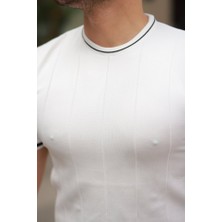 Deluxe Takı ve Giyim Erkek Bisiklet Yaka Çizgi Desenli Ribanalı Kısa Kollu Tshirt