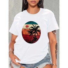 Deluxe Takı ve Giyim Kadın Kısa Kollu Palmiye Baskılı Viskon T-Shirt