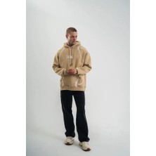 Deluxe Takı ve Giyim Erkek Şimşek Baskılı Kapşonlu Sweatshirt Üç Iplik Pamuklu Kanguru Cepli Double Oversize Hoodie - Bej