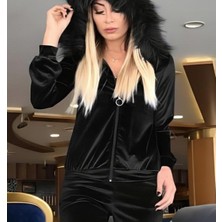 Deluxe Takı ve Giyim Kadın Uzun Kollu Önden Fermuarlı Kapşon Tüy Detaylı Kadife Bluz ve Pantolon Ikili Takım