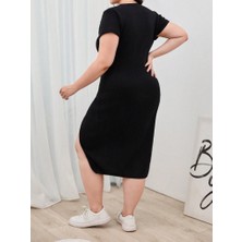 Deluxe Takı ve Giyim Kadın Büyük Beden Kısa Kollu Yanı Yırtmaçlı Bisiklet Yaka Viskon Elbise