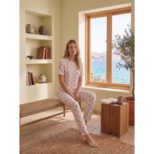 Sleeproom Bisiklet Yaka Waffle Yaka Kalp Desen Kısa Kollu Pijama Takımı