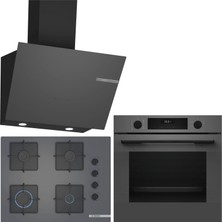 Bosch Gri 3 Lü Ankastre Set 555 ( HUA717BN0T - POP7C9P31O - DWK66PJ70T  ) 67CM Ocak - Buhar Destekli -