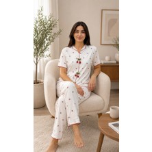 Sleeproom Fiyonklu Dik Yaka Kiraz Desen Kısa Kol Pijama Takım