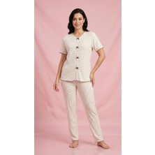 Sleeproom Fiyonklu Pointel Çiçek Desen Bordo Fiyonk Kısa Kol Pijama Takım