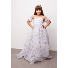 Le Mabelle Lila Çiçek Desenli Organze Straplez Kız Çocuk Mezuniyet Elbisesi - Lovisa
